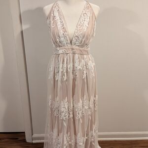 Plunging V-Neck Blush Pink Embroidered Maxi Dress